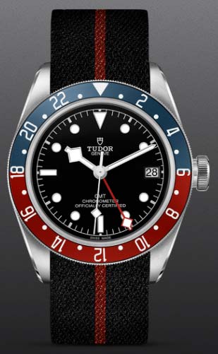 NEW Tudor Black Bay GMT on a black hand-woven nylon strap with red stripe 